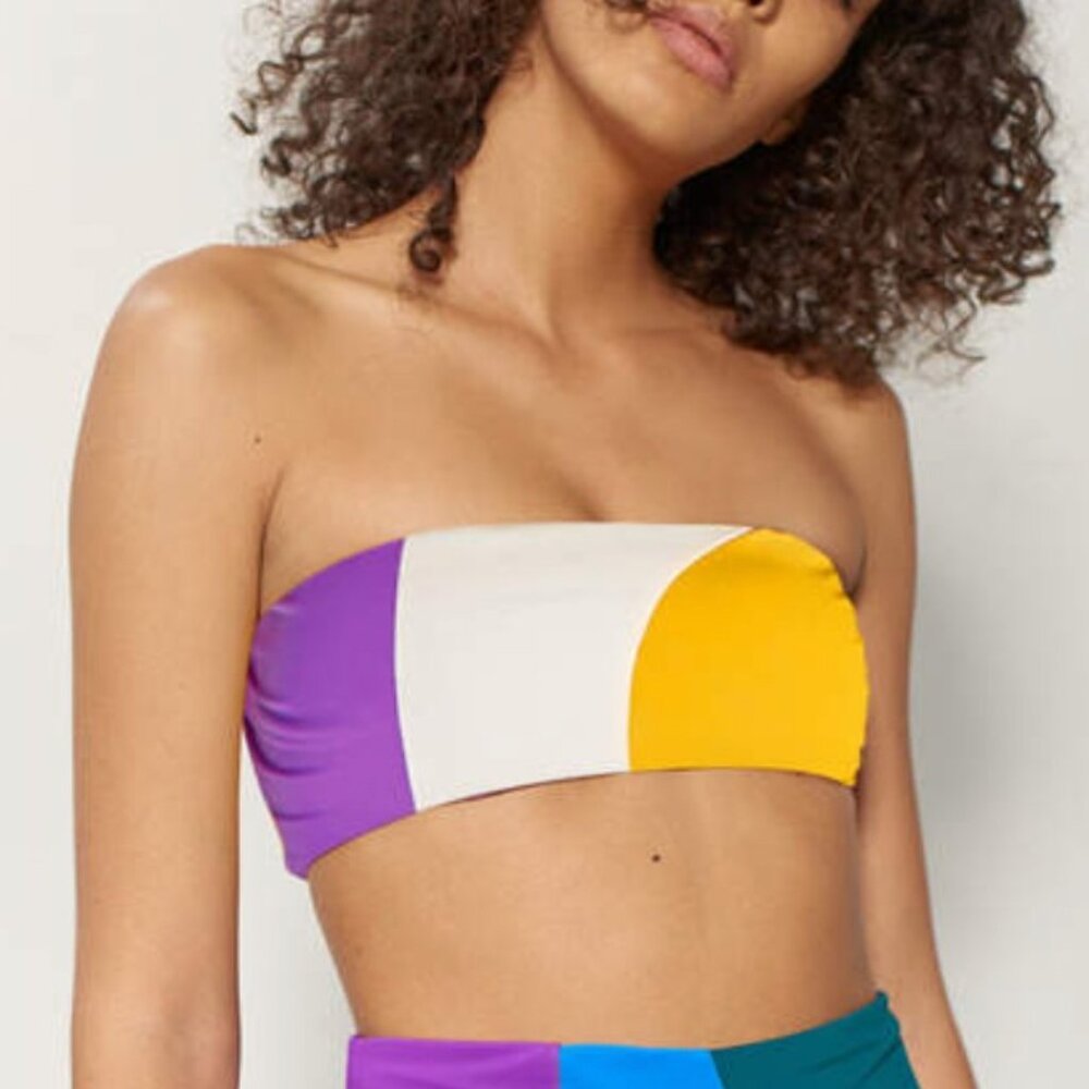 NWT Mara Hoffman Swim Abigail Bikini Top Womens XS Ivory Multi Color Tie Back